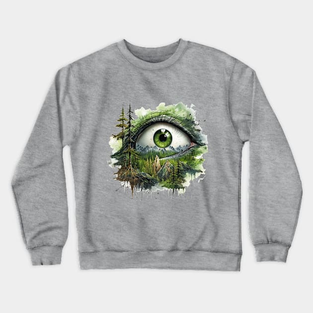 Green Creepy Eye in the Forest Crewneck Sweatshirt by tfortwo